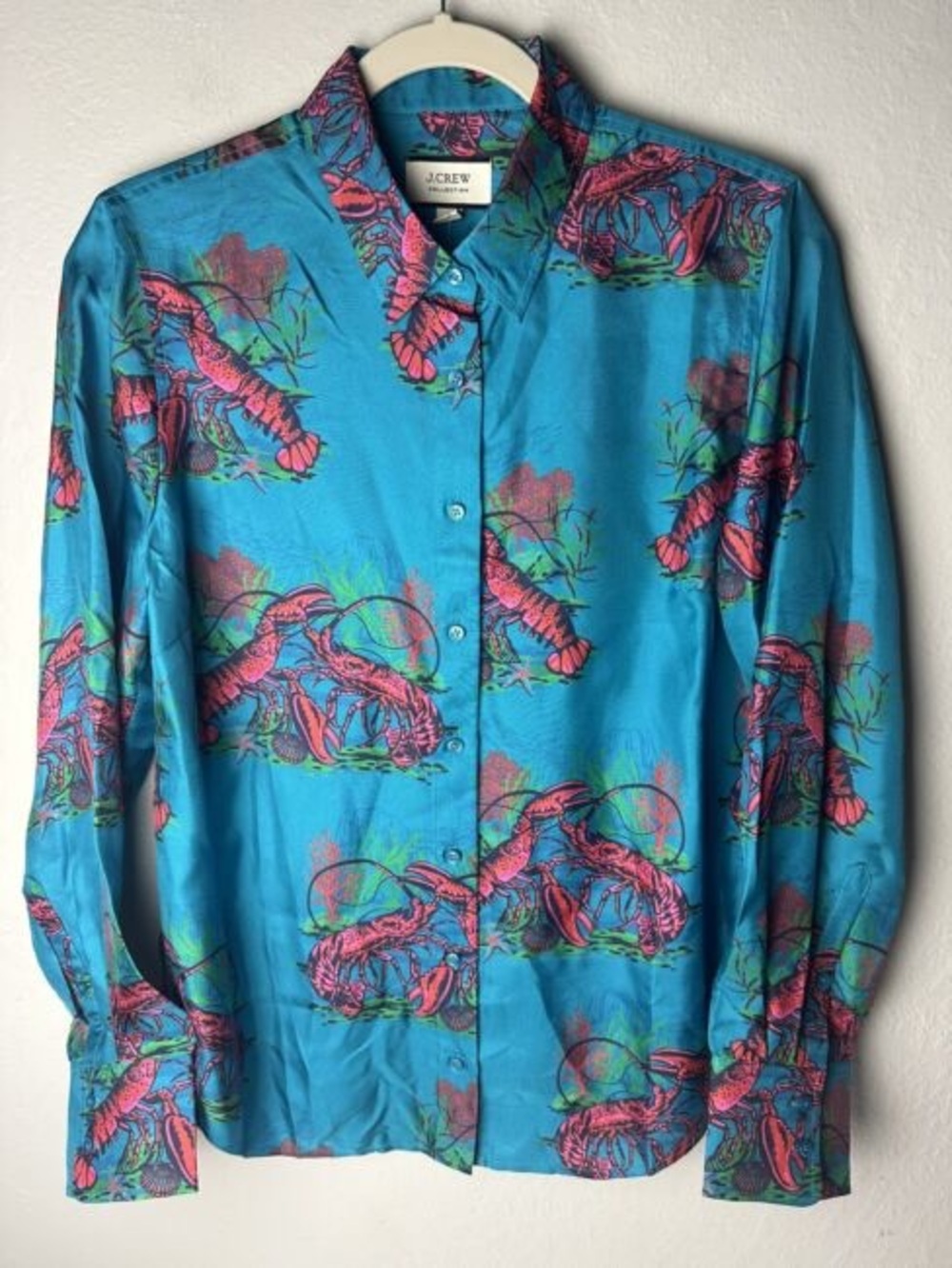J. Crew Turquoise Blue Silk Lobster-Print Button-Down Shirt - Picture 3 of 5